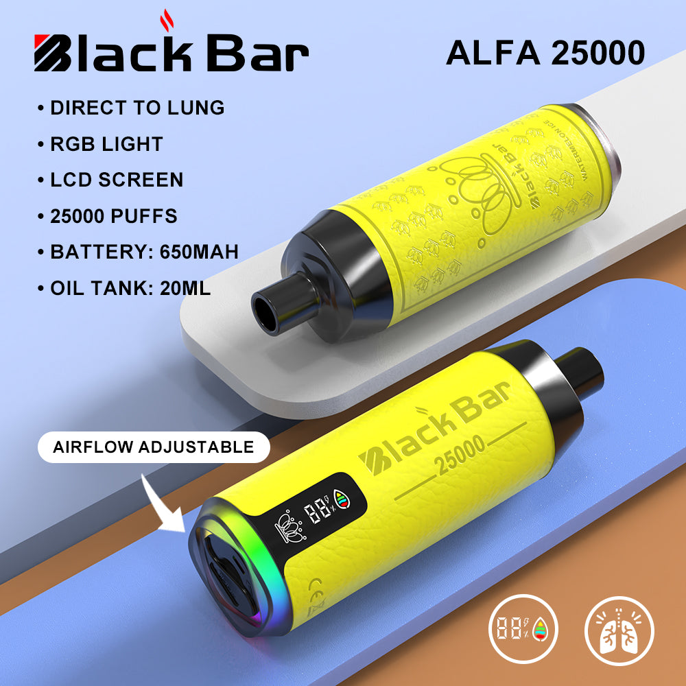 ALFA 25000 black bar  Direct To Lung   RGB light   LCD screen  25000 puffs    Battery: 650mah   Oil Tank: 20ML airflow adjustable