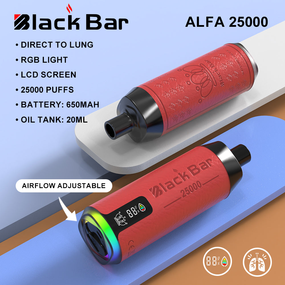 ALFA 25000 black bar  Direct To Lung   RGB light   LCD screen  25000 puffs    Battery: 650mah   Oil Tank: 20ML airflow adjustable