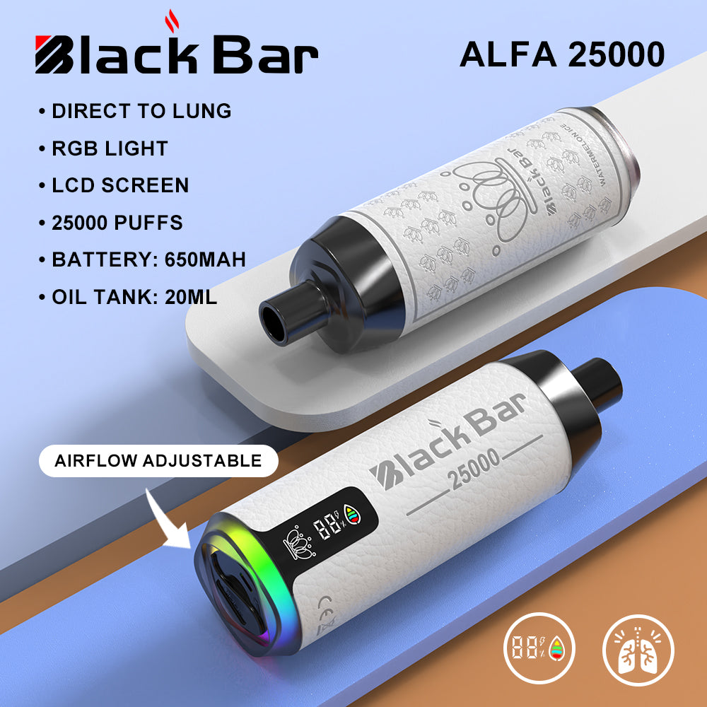 ALFA 25000 black bar  Direct To Lung   RGB light   LCD screen  25000 puffs    Battery: 650mah   Oil Tank: 20ML airflow adjustable