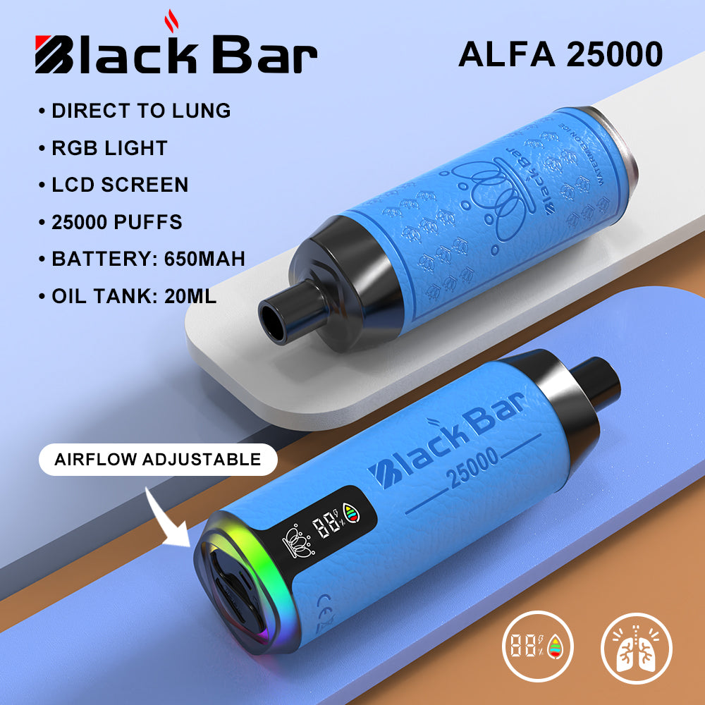 ALFA 25000 black bar  Direct To Lung   RGB light   LCD screen  25000 puffs    Battery: 650mah   Oil Tank: 20ML airflow adjustable