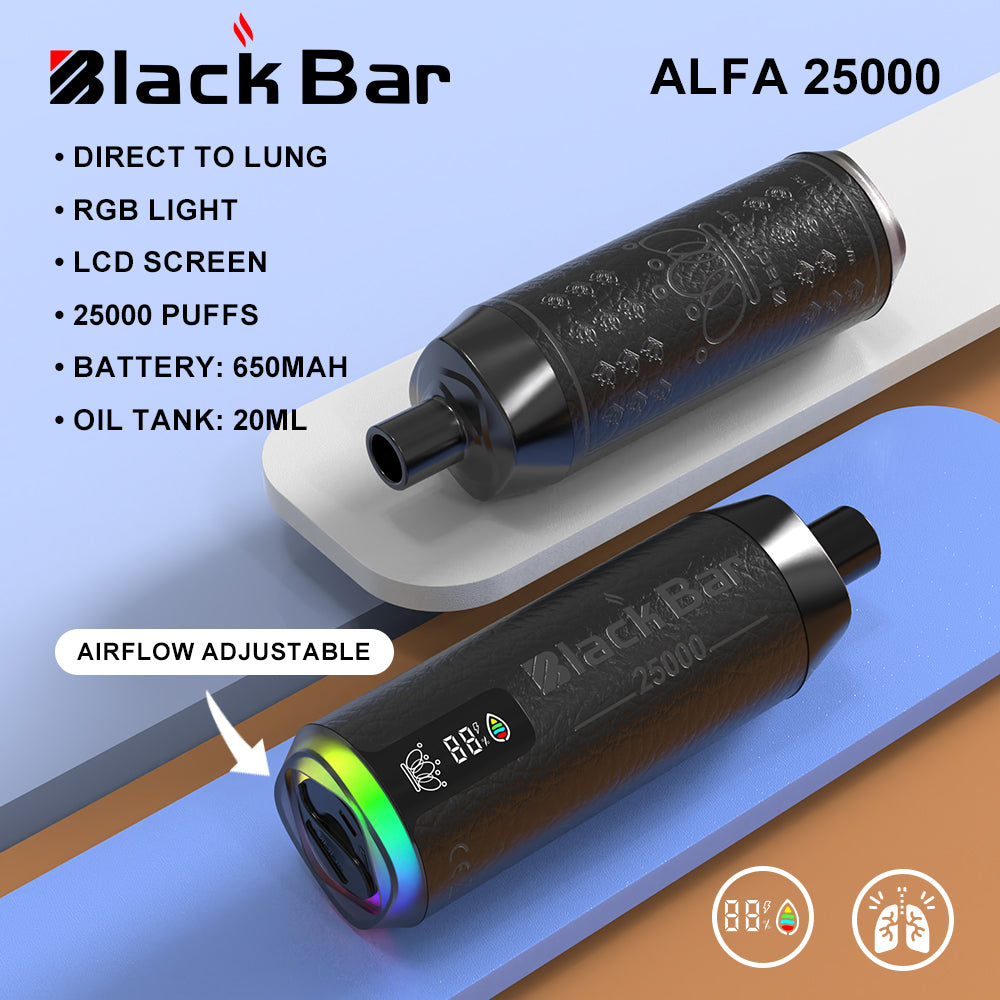 ALFA 25000 black bar  Direct To Lung   RGB light   LCD screen  25000 puffs    Battery: 650mah   Oil Tank: 20ML airflow adjustable