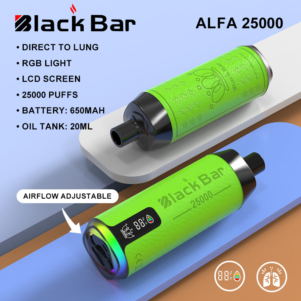 ALFA 25000 black bar  Direct To Lung   RGB light   LCD screen  25000 puffs    Battery: 650mah   Oil Tank: 20ML airflow adjustable