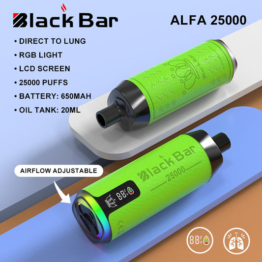 ALFA 25000 black bar  Direct To Lung   RGB light   LCD screen  25000 puffs    Battery: 650mah   Oil Tank: 20ML airflow adjustable