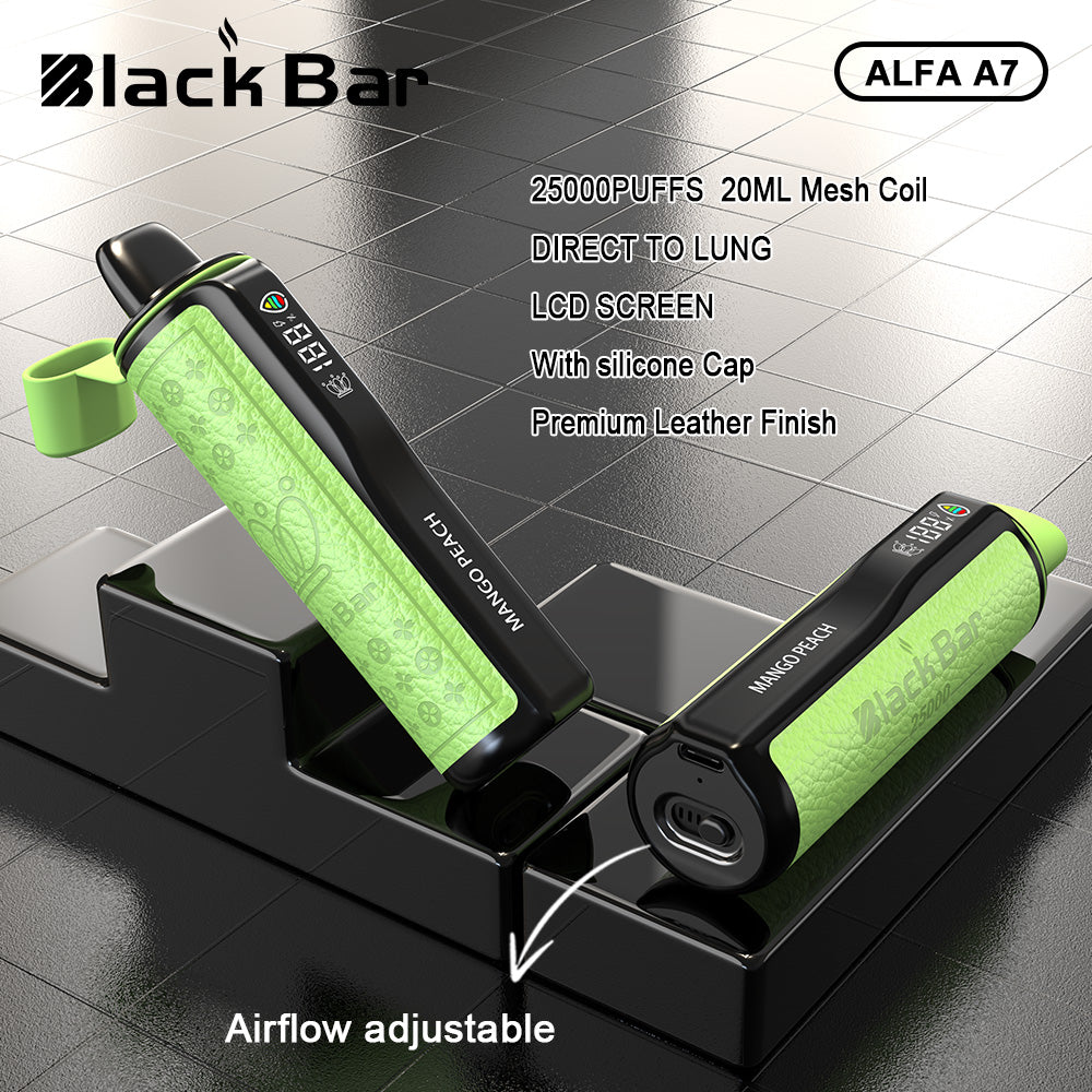 BLACK BAR-ALFA A7 20ML 25000PUFFS DIRECT TO LUNG LCD SCREEN Airflow adjustable With silicone Cap Premium Leather Finish Mesh Coil