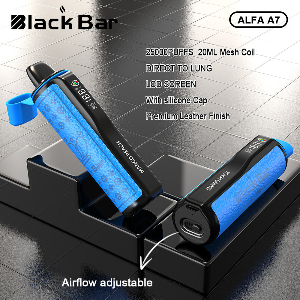 BLACK BAR-ALFA A7 20ML 25000PUFFS DIRECT TO LUNG LCD SCREEN Airflow adjustable With silicone Cap Premium Leather Finish Mesh Coil