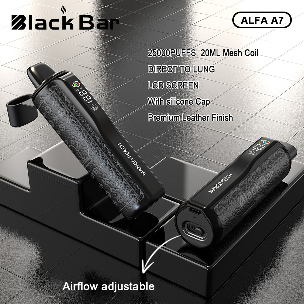 BLACK BAR-ALFA A7 20ML 25000PUFFS DIRECT TO LUNG LCD SCREEN Airflow adjustable With silicone Cap Premium Leather Finish Mesh Coil