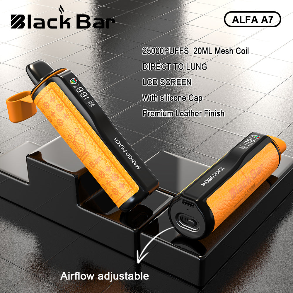 BLACK BAR-ALFA A7 20ML 25000PUFFS DIRECT TO LUNG LCD SCREEN Airflow adjustable With silicone Cap Premium Leather Finish Mesh Coil