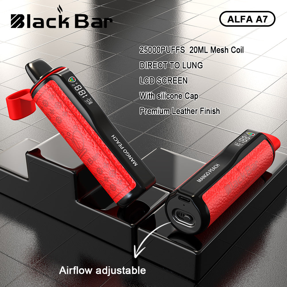 BLACK BAR-ALFA A7 20ML 25000PUFFS DIRECT TO LUNG LCD SCREEN Airflow adjustable With silicone Cap Premium Leather Finish Mesh Coil