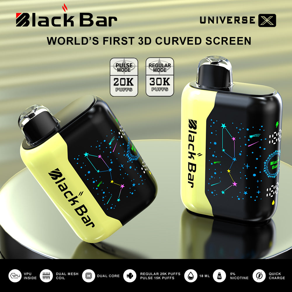 BLACK BAR UNIVERSE X 20K Puffs Regular 30K Puffs Dual Mesh Coil Dual Core 18 mL Quick Charge World's first 3D curved screen airflow adjustable