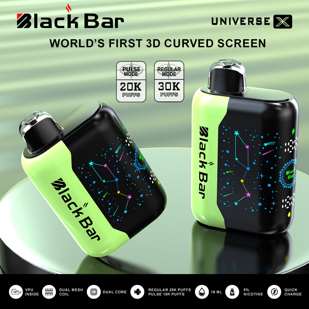 BLACK BAR UNIVERSE X 20K Puffs Regular 30K Puffs Dual Mesh Coil Dual Core 18 mL Quick Charge World's first 3D curved screen airflow adjustable