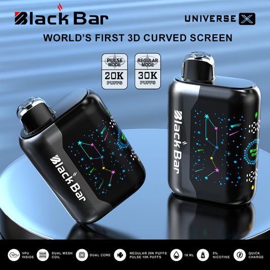 BLACK BAR UNIVERSE X 20K Puffs Regular 30K Puffs Dual Mesh Coil Dual Core 18 mL Quick Charge World's first 3D curved screen airflow adjustable