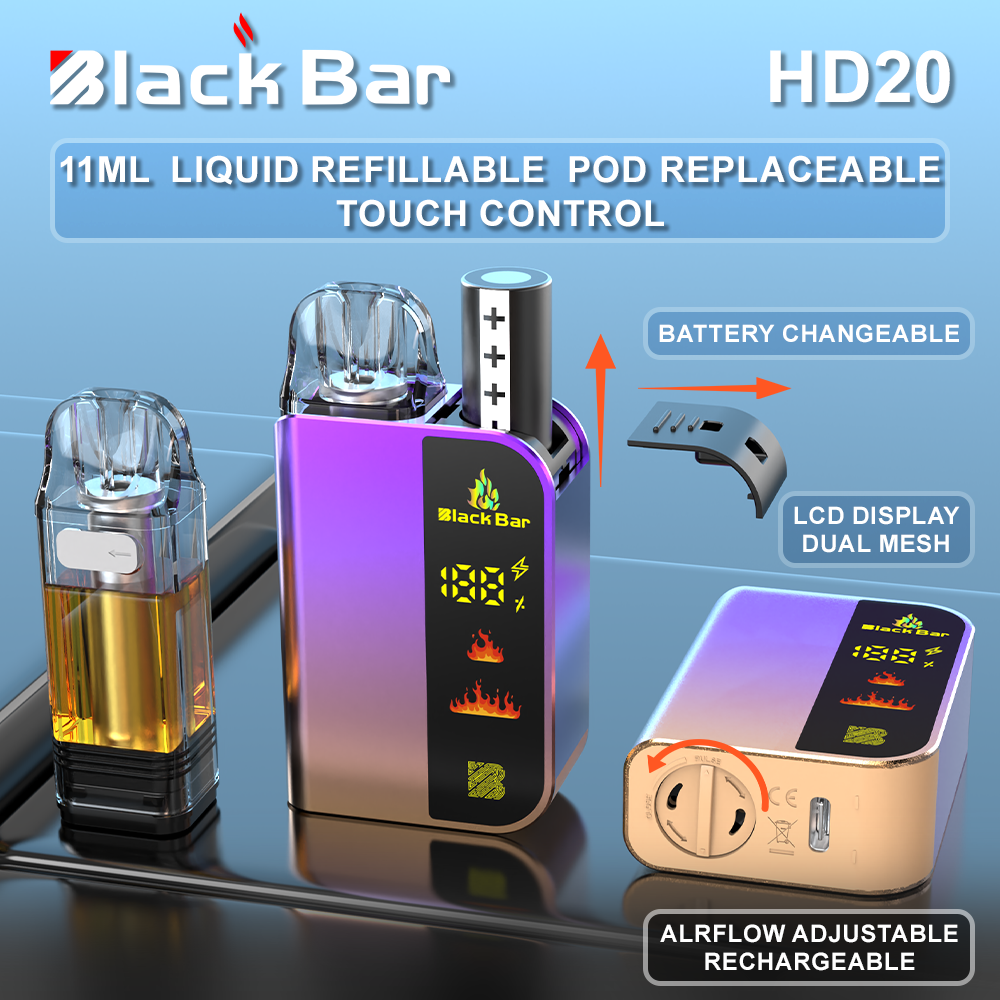 Black bar-HD20 11ML  Pod replaceable liquid refillable battery changeable Airflow adjustable RECHARGEABLE