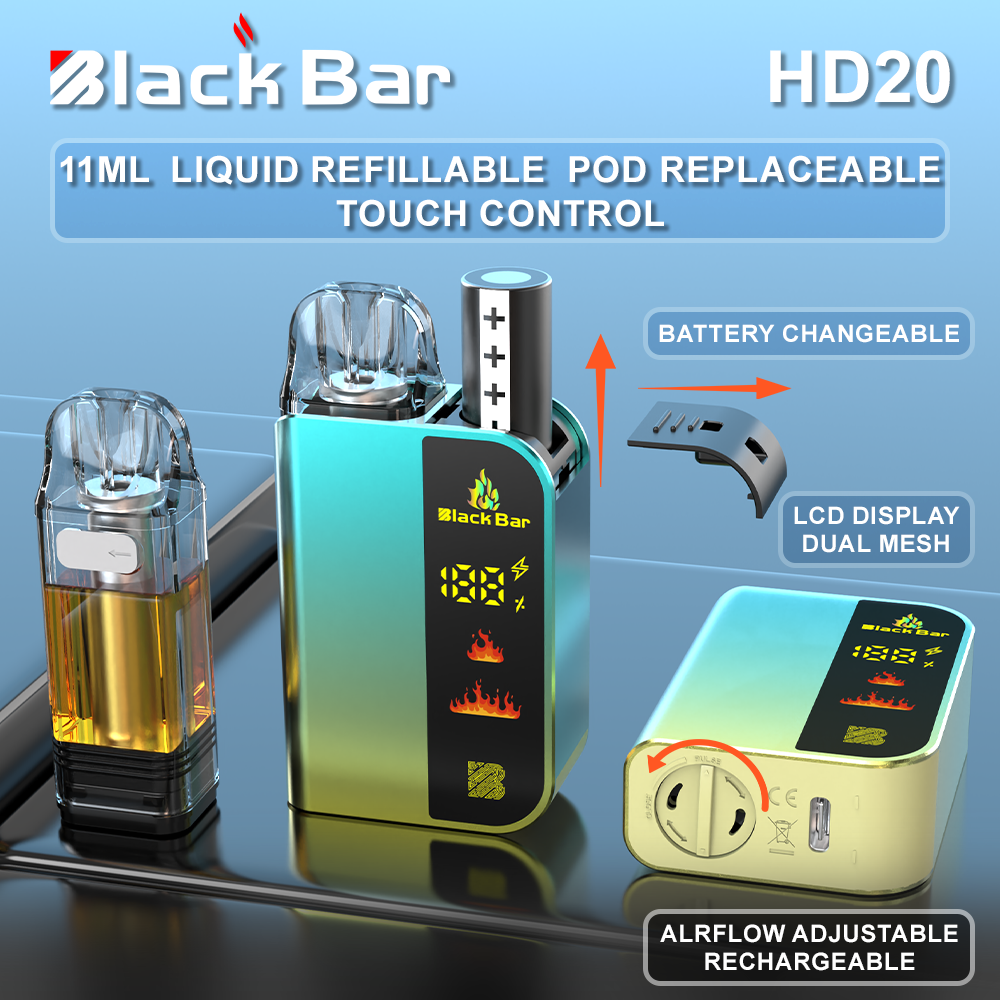 Black bar-HD20 11ML  Pod replaceable liquid refillable battery changeable Airflow adjustable RECHARGEABLE