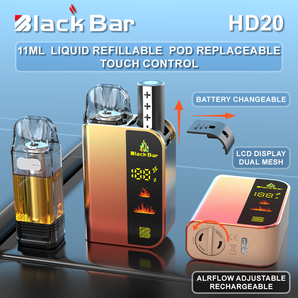 Black bar-HD20 11ML  Pod replaceable liquid refillable battery changeable Airflow adjustable RECHARGEABLE