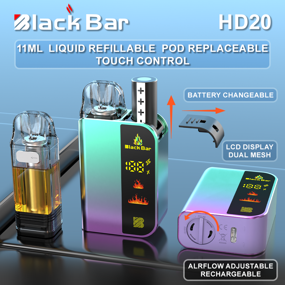 Black bar-HD20 11ML  Pod replaceable liquid refillable battery changeable Airflow adjustable RECHARGEABLE