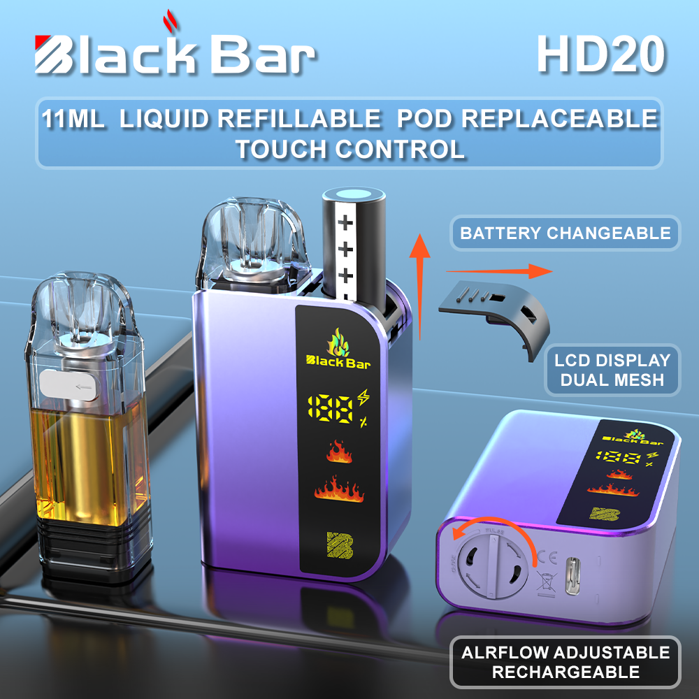 Black bar-HD20 11ML  Pod replaceable liquid refillable battery changeable Airflow adjustable RECHARGEABLE