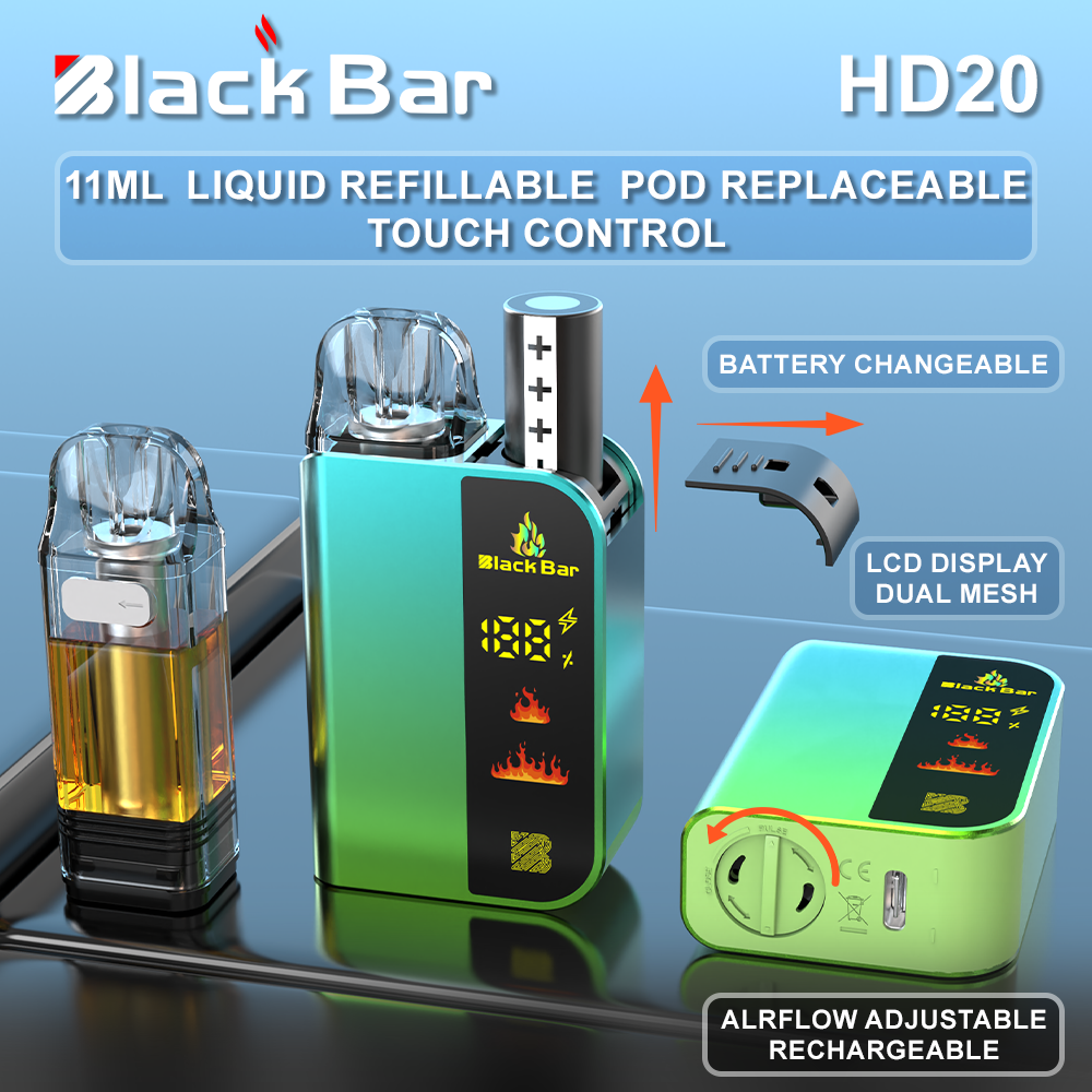 Black bar-HD20 11ML  Pod replaceable liquid refillable battery changeable Airflow adjustable RECHARGEABLE